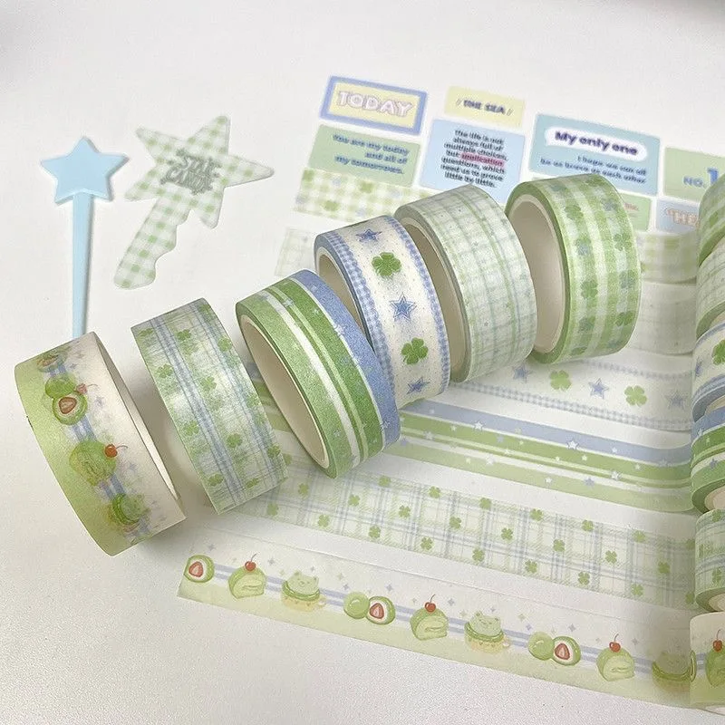 6 Stück/Packung Kawaii Grünes Vierblättriges Kleeblatt Schmetterling Schleife Washi Tape Set DIY Handbuch Dekoratives Masking Tape Material – Detail 3