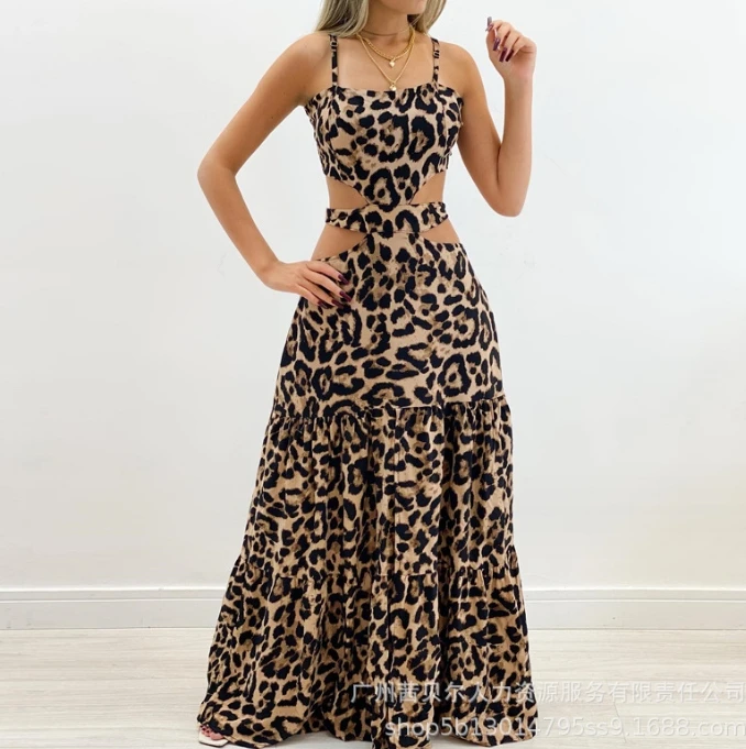 

New Fashion 2024 Mid Skirt Summer Casual Simple Sexy Slim V-Shaped Collar Leopard Print Hollow Out Long Skirt Daily