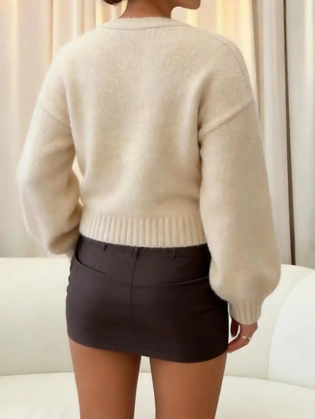 Plus Size Women Y2K Cropped Cardigan Sweater V Neck Drop Shoulder Fuzzy Knit Top Button Front Chic Going Out Autumn Winter - view 3