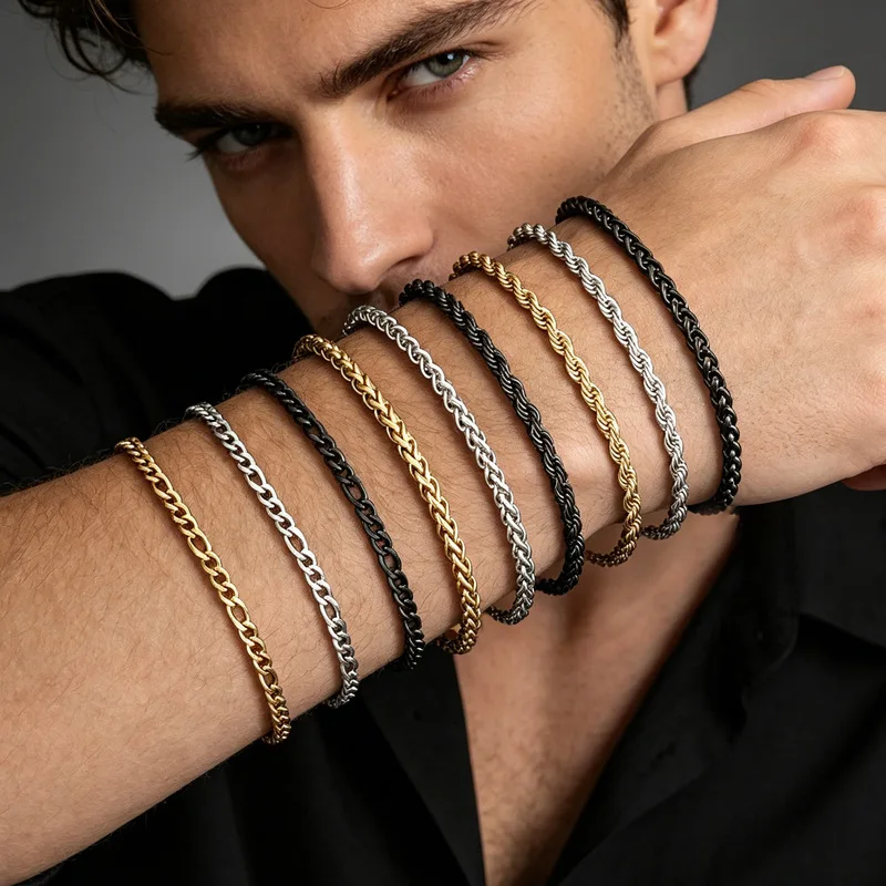 B&C Sturdy Twisted Rope Link Bracelet For Men Minimal Stackable Daily Wear Wrist Jewelry