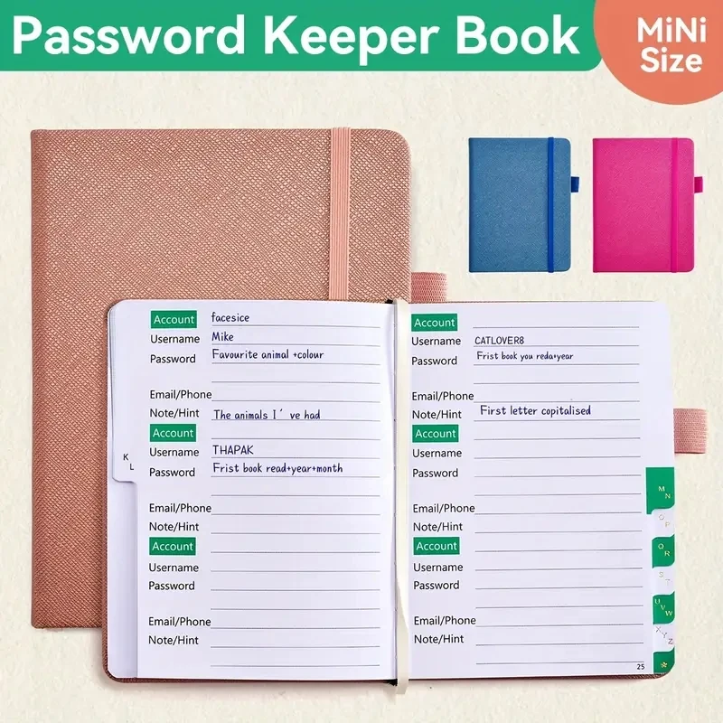 mini tamanho pu hardcover notepad livro de senha com guias alfabeticas cadernos almofadas de escrita escritorio e material escolar 01