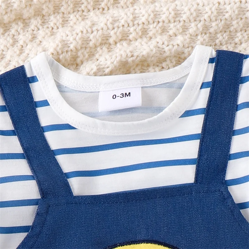 Newborn Baby Boy Striped Romper Round Neck Short Sleeve Car Patch Fake Two-Pieces Playsuit Short Jumpsuit Infant Summer Clothes