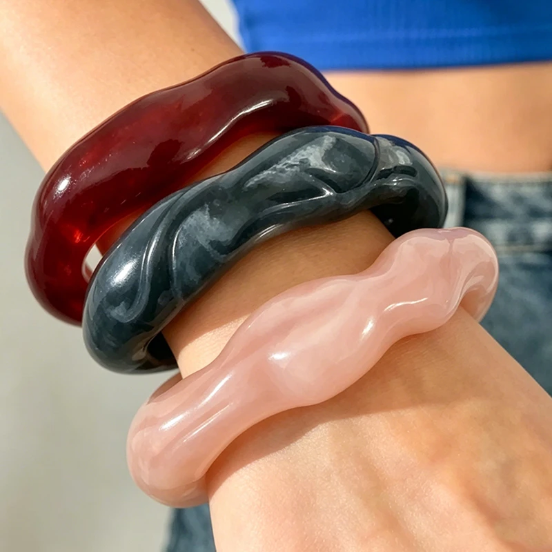 3Pcs Bohemian Irregular Wave Resin Bangle Set for Women Chunky Open Cuff Bracelets Beach Vacation Stackable Trendy Jewelry Gifts