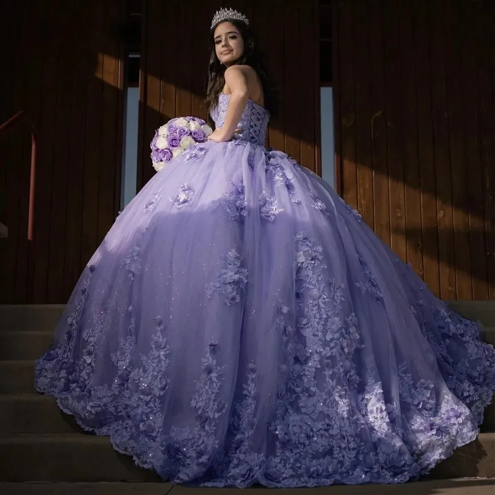 Блестящее искусственное Лавандовое платье для Quinceanera, красивое кружевное платье с цветочным рисунком и шлейфом, для маскарада, для 15-летнего бального платья