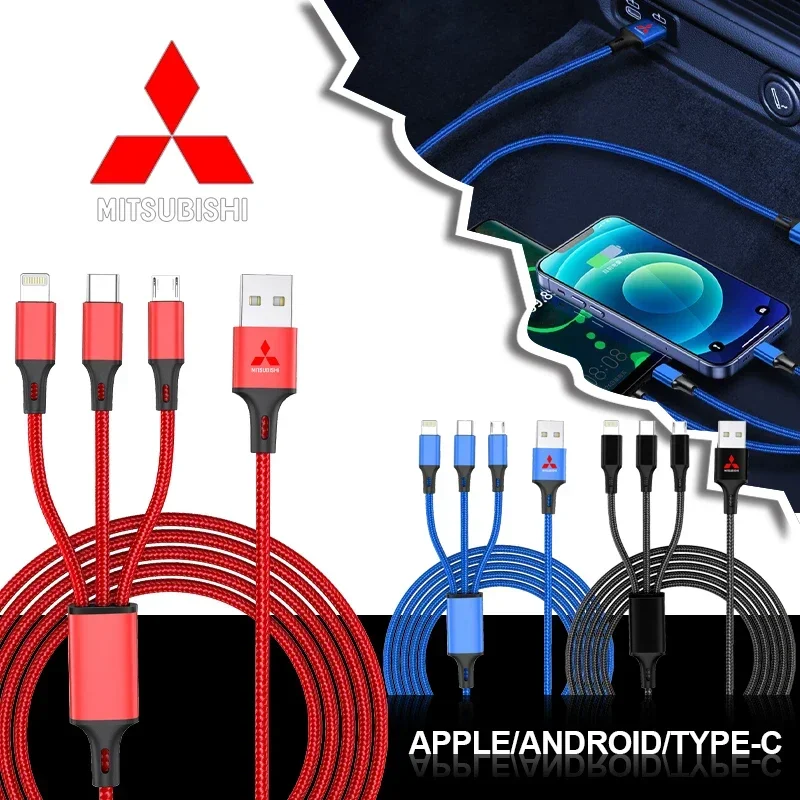 

3 In 1 Type C Lightning Micro USB Car Fast Charging Cable Emblem Car Goods For Mitsubishi Asx Lancer Outlander Pajero Ralliart