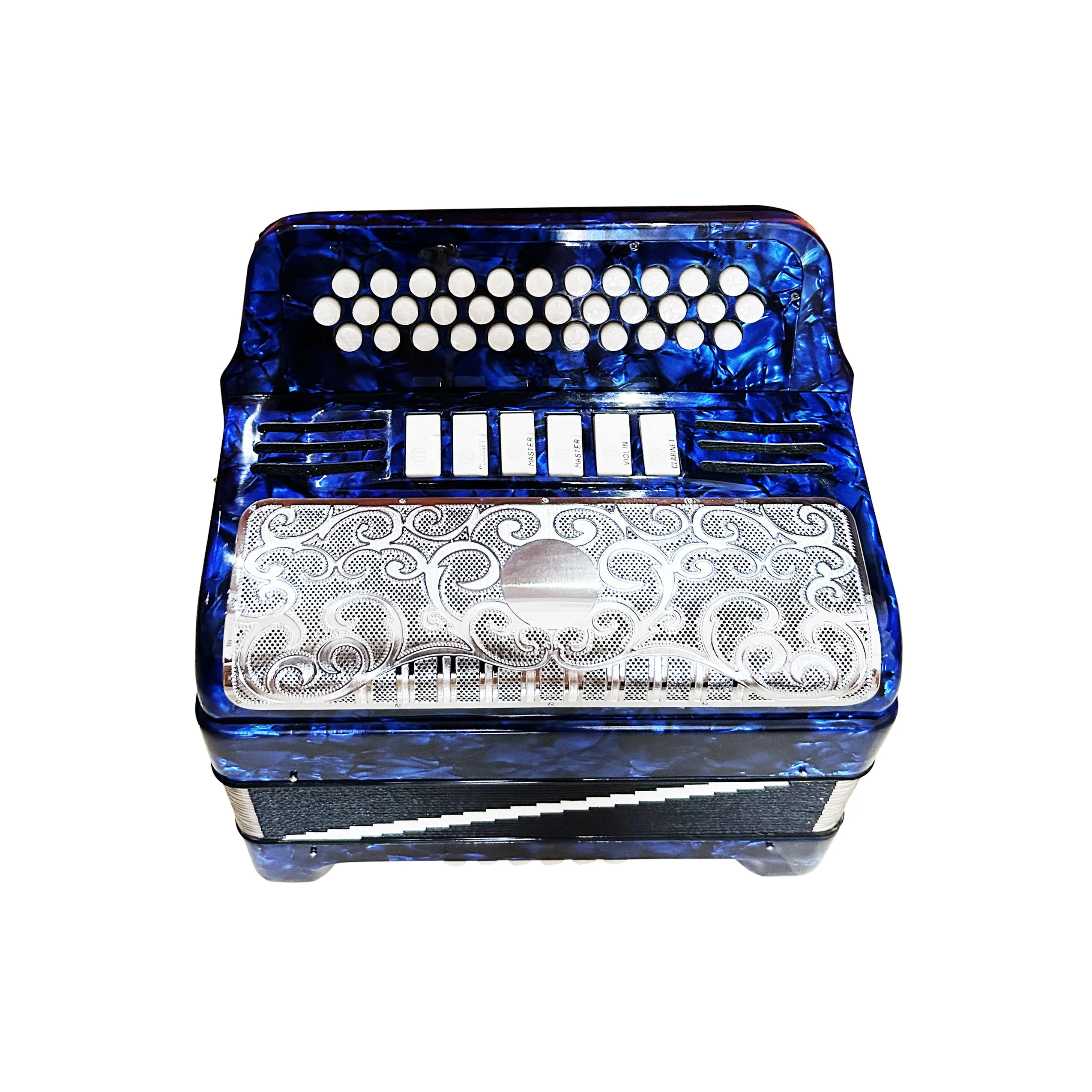 Professional 34-Button 12-Bass 6-Register Blue Celluloid Accordion JB3412E Silver Grill White Buttons Diatonic