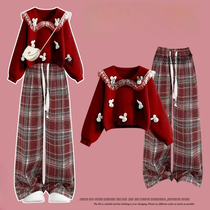 

Red Style Sweater Set Women's Autumn Winter Korean Fashion Small Size Clothing Long Sleeve round Neck Two Piece Set