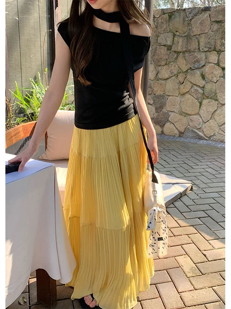 

High Waist Yellow Pleated Skirt Women's Tee-Layer Design Sensation Small ence Spring Summer New Sle Skirts