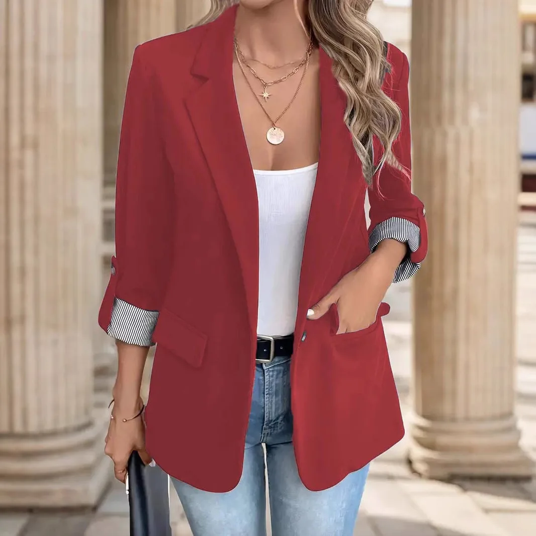 

Elegant Office Ladies Solid Color Pocket Blazer 2026 New Fashionable Casual Button Slim 3/4 Sleeve Blazers Jacket For Women