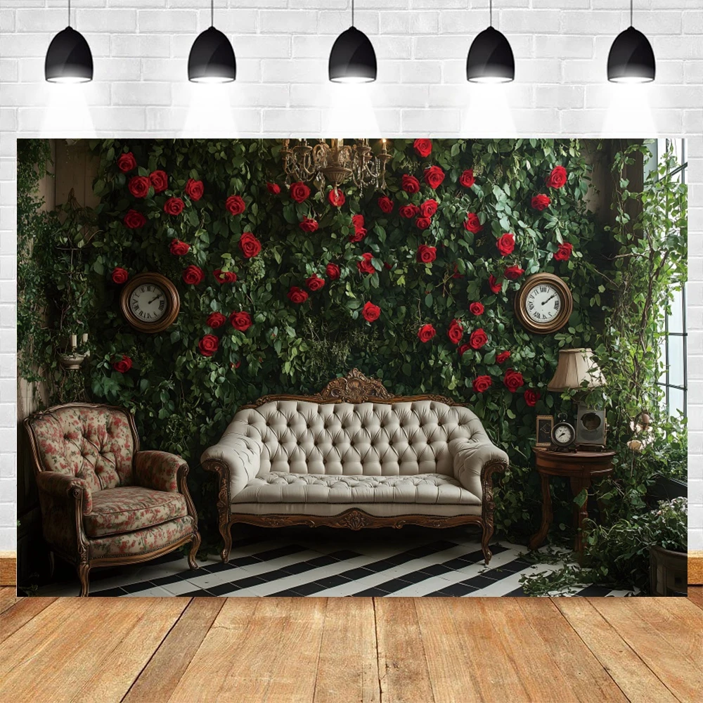 Fondo fotográfico de hojas verdes y rosas rojas del país de las Maravillas, telón de fantasía, cuento de hadas, decoración para fiesta de cumpleaños de niñas, estudio fotográfico