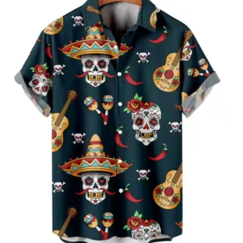 Fashionable Skull Printed Men's Shirt Fun Skull Printed Street Wear Short Sleeve T-shirt Hawaii Shirt Collar Men's Shirt Summer