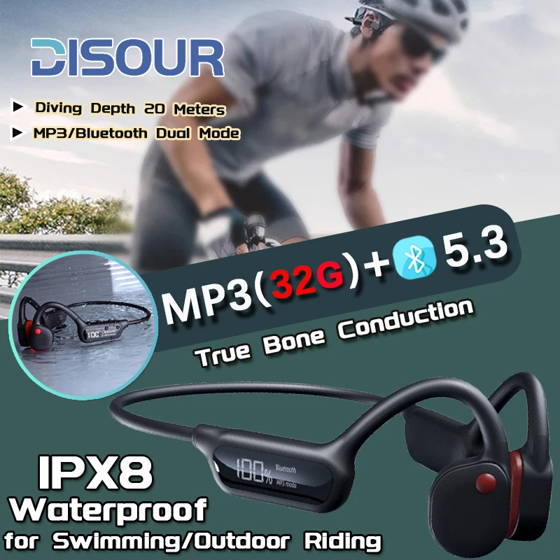 Real Bone Conduction Headphones Swimming IPX8 Waterproof 32GB MP3 Player Wireless Bluetooth 5.2 Earphones for Sport HiFi Headset