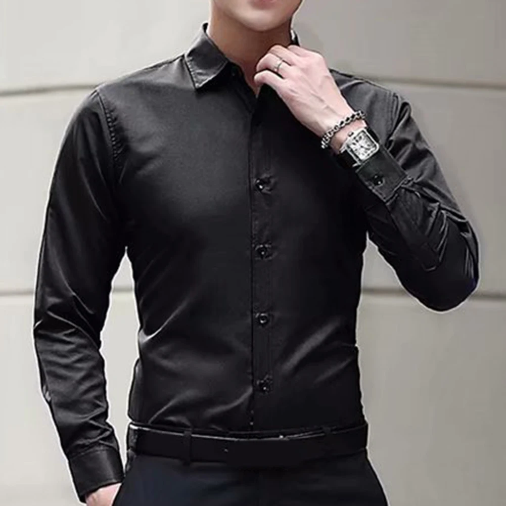 

Four Seasons Men's Shirts Long Sleeve Button Business Formal Social Wrinkle Shirt Casual Tops Man Clothing