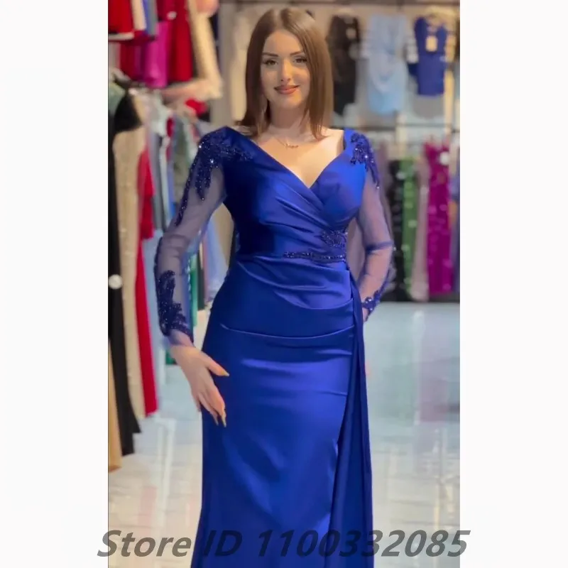 Eightale-vestido de noche de sirena azul real, cuello en V, Sexy, con abertura, apliques de cuentas, manga larga, vestido de fiesta de Dubái personalizado