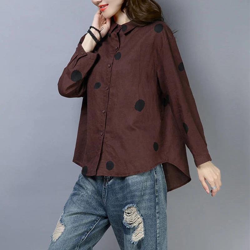 Plus Size Shirt Women Polka Dot Cotton Linen Shirts woman Spring Autumn Long Sleeve Casual Blouse Ladies Tops New 2023