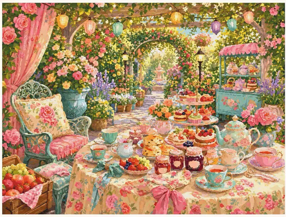 14CT 122x95cm Tea Party Embroidery DIY Printed Kits Cross Stitch Needlework Home Decor Crafts 144 Colors Threads
