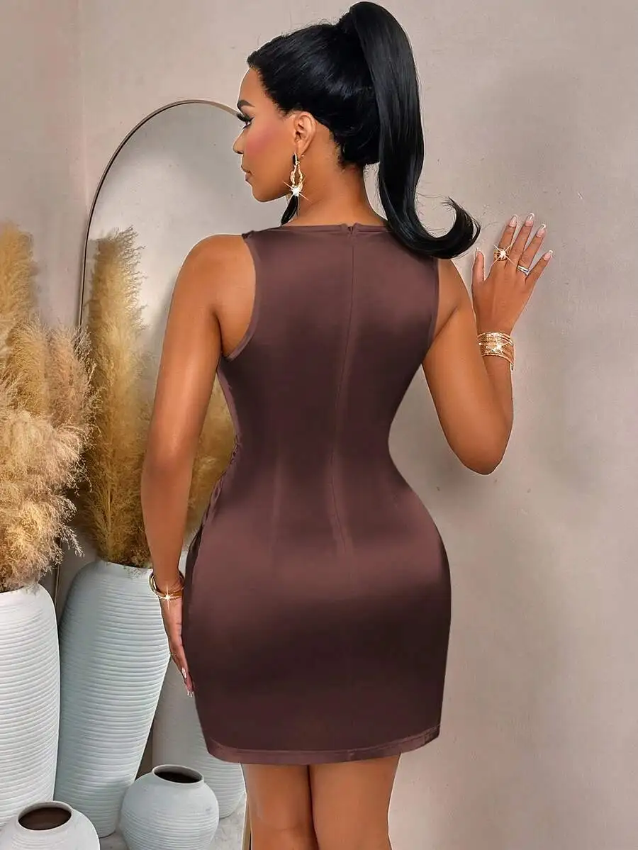 

Womens Satin Mini Dress With Ruched Waist Sleeveless A-Line For Cocktail Party Clubbing Evening