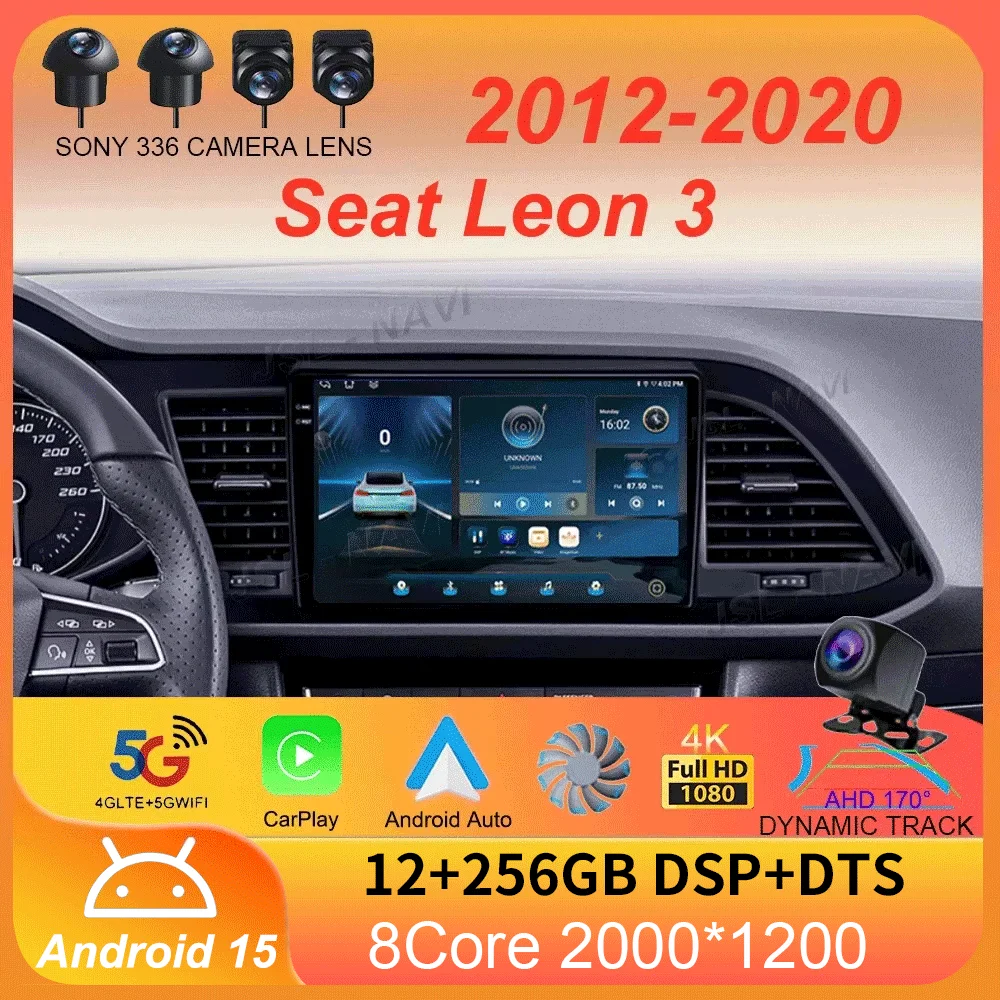 Android15 Carplay Auto For Seat Leon 3 MK3 2012 2013 2014 2015 2016 - 2020 Multimedia Car Radio Player WIFI+4G 360 Camera Stereo