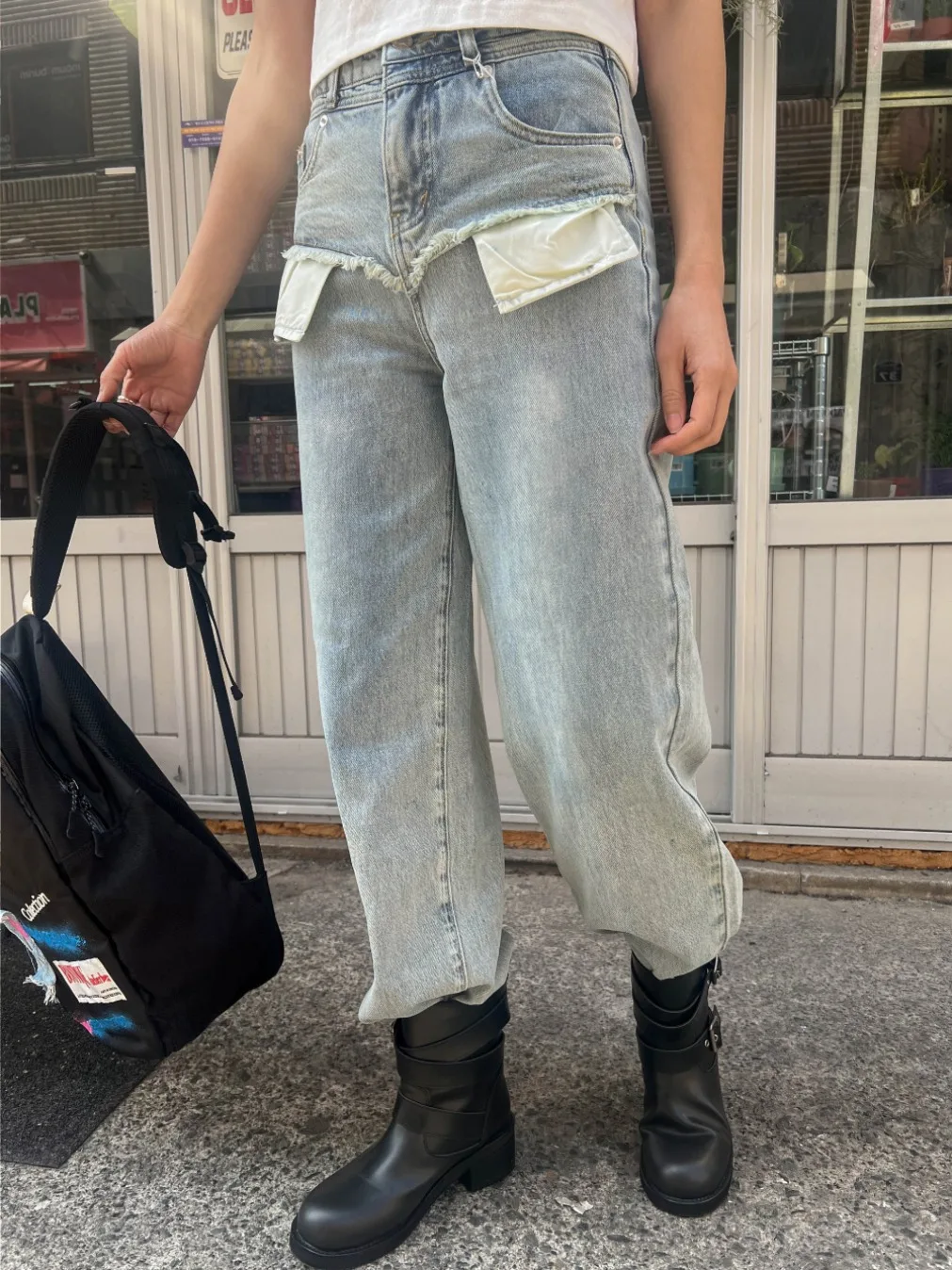 Damskie luźne jeansy z wysokim stanem, z szerokimi nogawkami, z przeszyciami, z denimu, długie spodnie, modne.