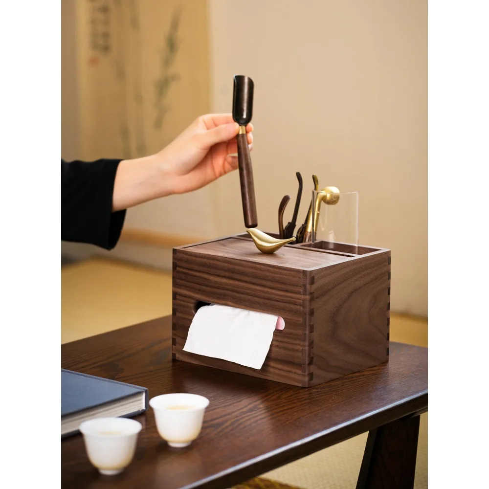 

Black Walnut Solid Wood Multi functional Tissue Box New Chinese Desktop Remote Control Storage Box Tea Table Wooden Paper Drawer