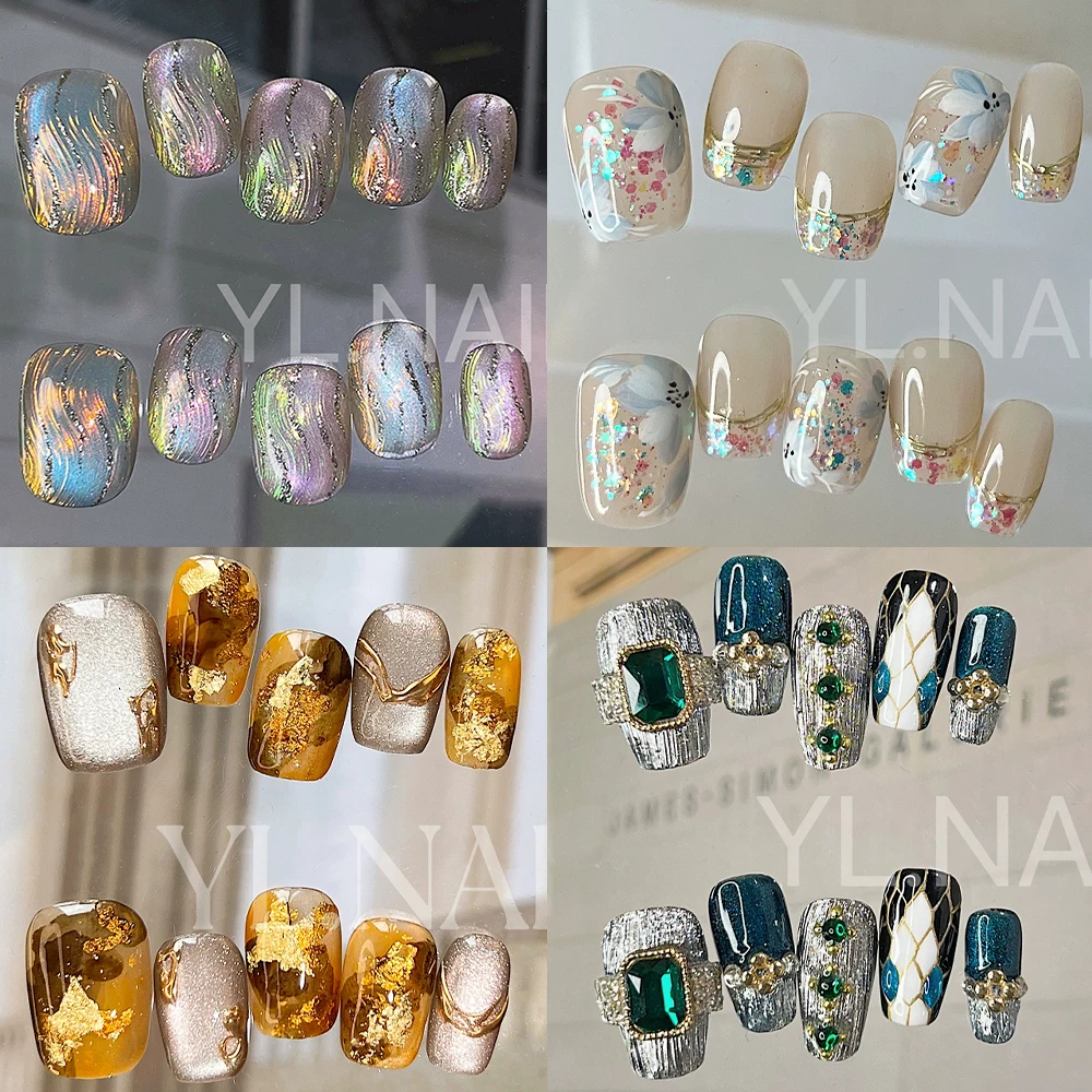 

10Pcs Handmade Square Head Glitter Cat's Eye Short Manicure Finger Irregular Pattern Diamond Designs Wearable False Nails