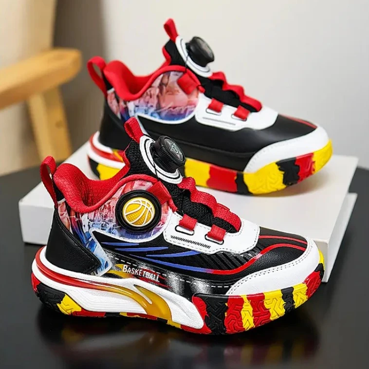 

Children's basketball shoes boys' waterproof leather surface rotating buckle anti-slip and shock-absorbing kids sneakers