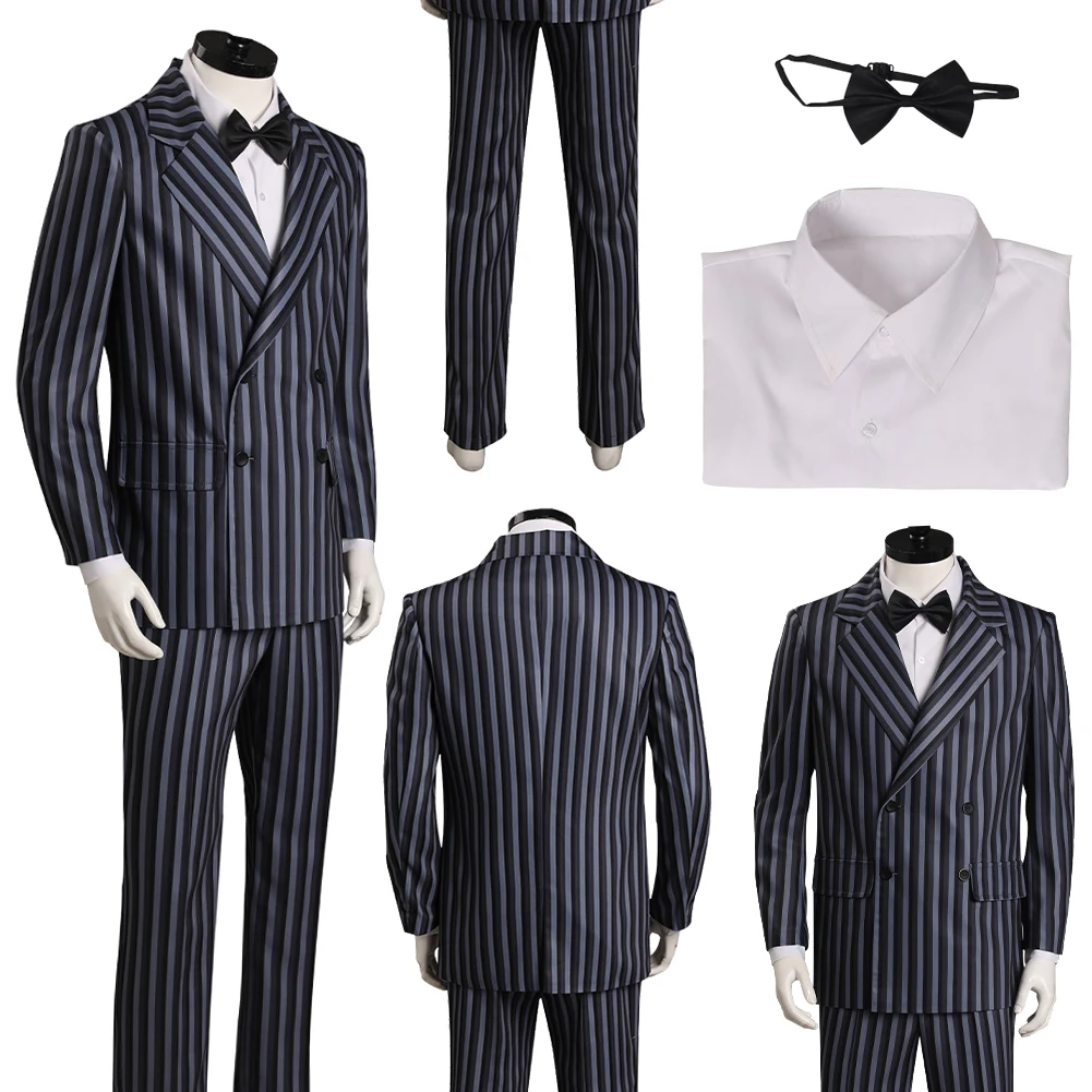 

Fantasia Father Gomez Cosplay Fantasy Striped Suit TV Wed Disfraz Costume Men Fantasy Halloween Carnival Party Clothes