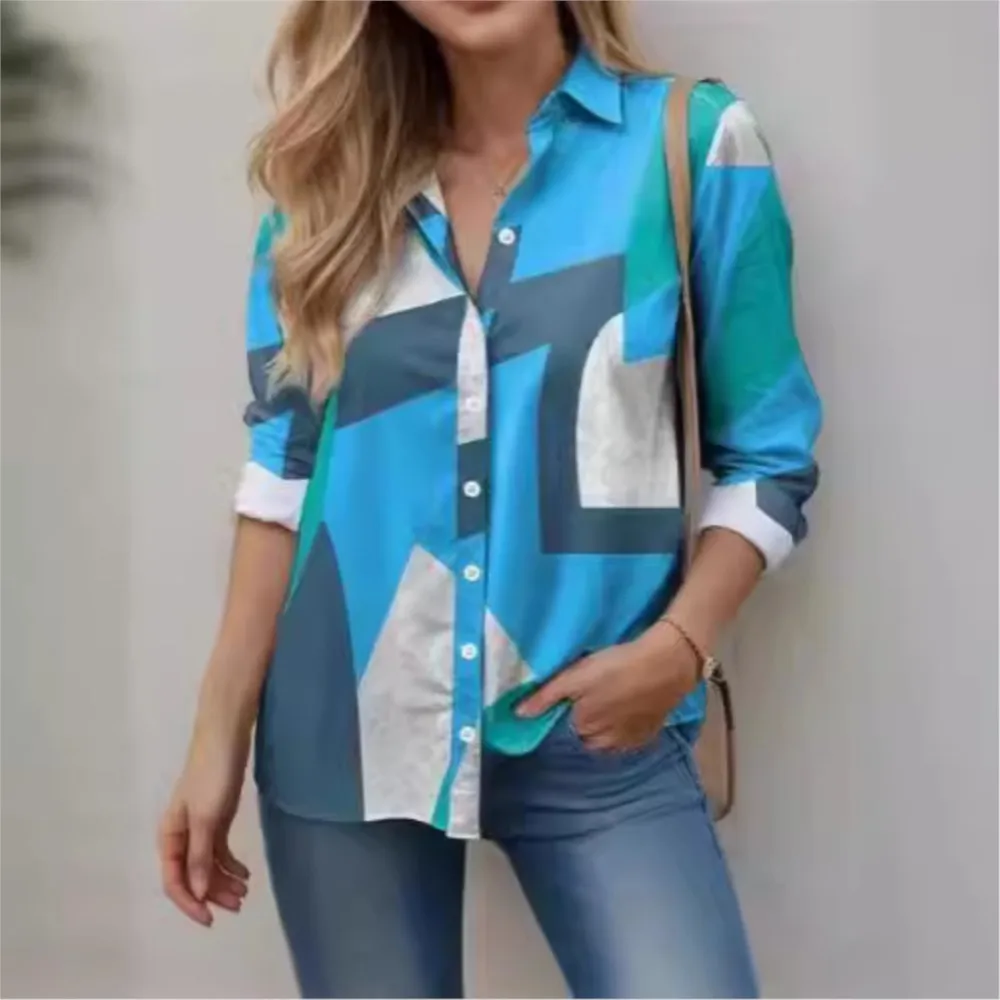 Fashionable Geometric Printed Lapel Cardigan Shirt 2024 New Colorful Printed 3D Digital Elegant Women's Blouse Top Femme Blusas