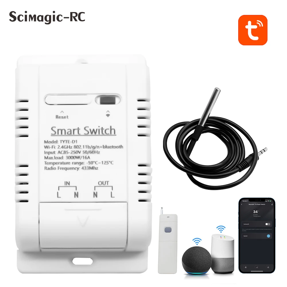 Tuya Wifi Smart Temperature Sensor Intelligent Control Switch Waterproof Monitoring 16A 3000W For Alexa Google