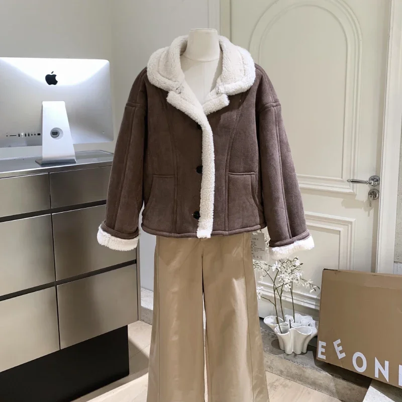 Bomon American Vintage Brown Fur One-Piece Lamb Fur Suit Collar Coat Korean Short Faux Fur for Women 2024 Winter Thermal Coat