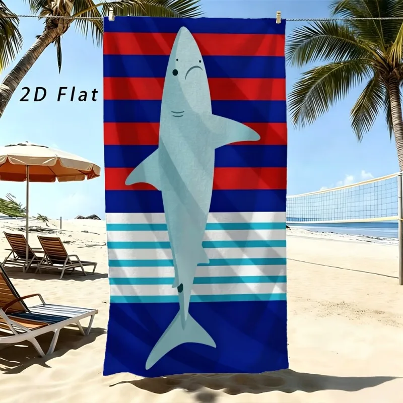 Cartoon Shark Red Blue Horizontal Stripe Beach Towel Quick Dry Absorbent Microfiber Large Towel For Beach Pool Swimming Bath