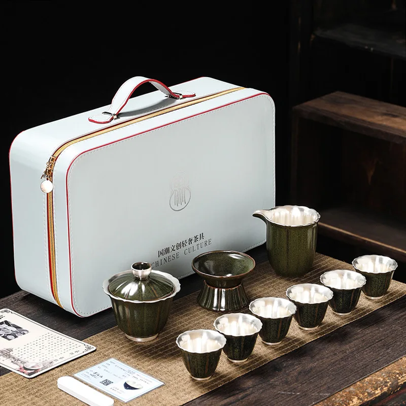 Gilt999Pure Silver Kung Fu Tea Set Retro Green Porcelain Tea Powder Glaze Teapot Household Ceramic Gaiwan Simple Tea Utensils