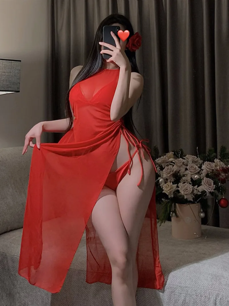 

Mesh Lace Sweet Tank Mini Dress 2025 Mesh Sheer New Sexy Lingerie Mesh Three-point Sexy Dress High Slit Dress Elegant 8YP8