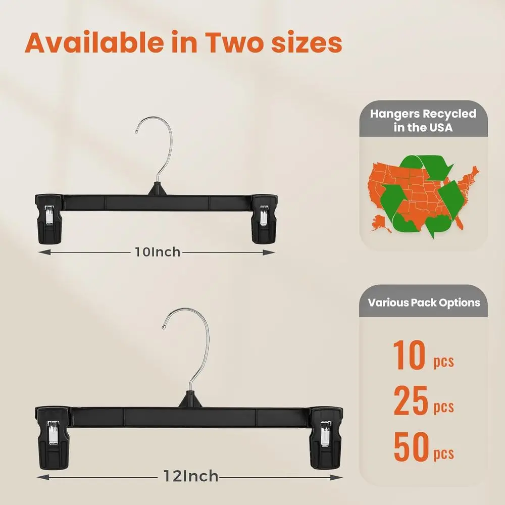 Black Pants Hangers with Clips 200 Pack, 10 Inch Skirt Hangers | Non-slip clips hold olded pants, skirts and kids' clothes; 360°