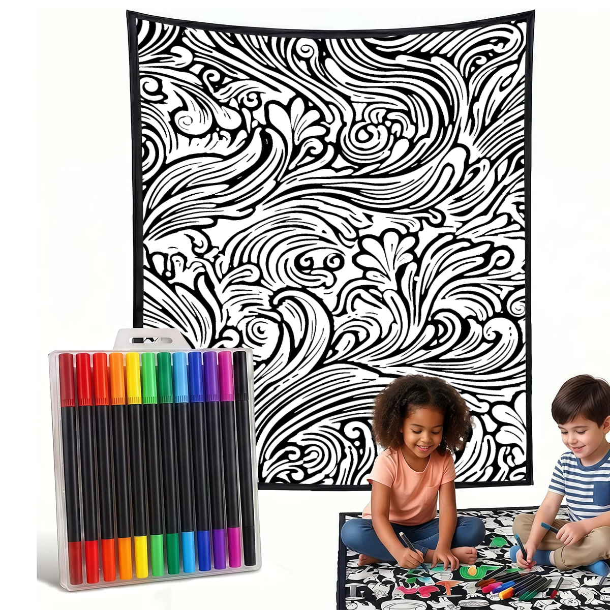Navy Swirling Leaves DIY Cozy Coloring Blankets -24 Markers, Cozy Velvet Ideal For Daily Use Home Decor And Kids Spaces