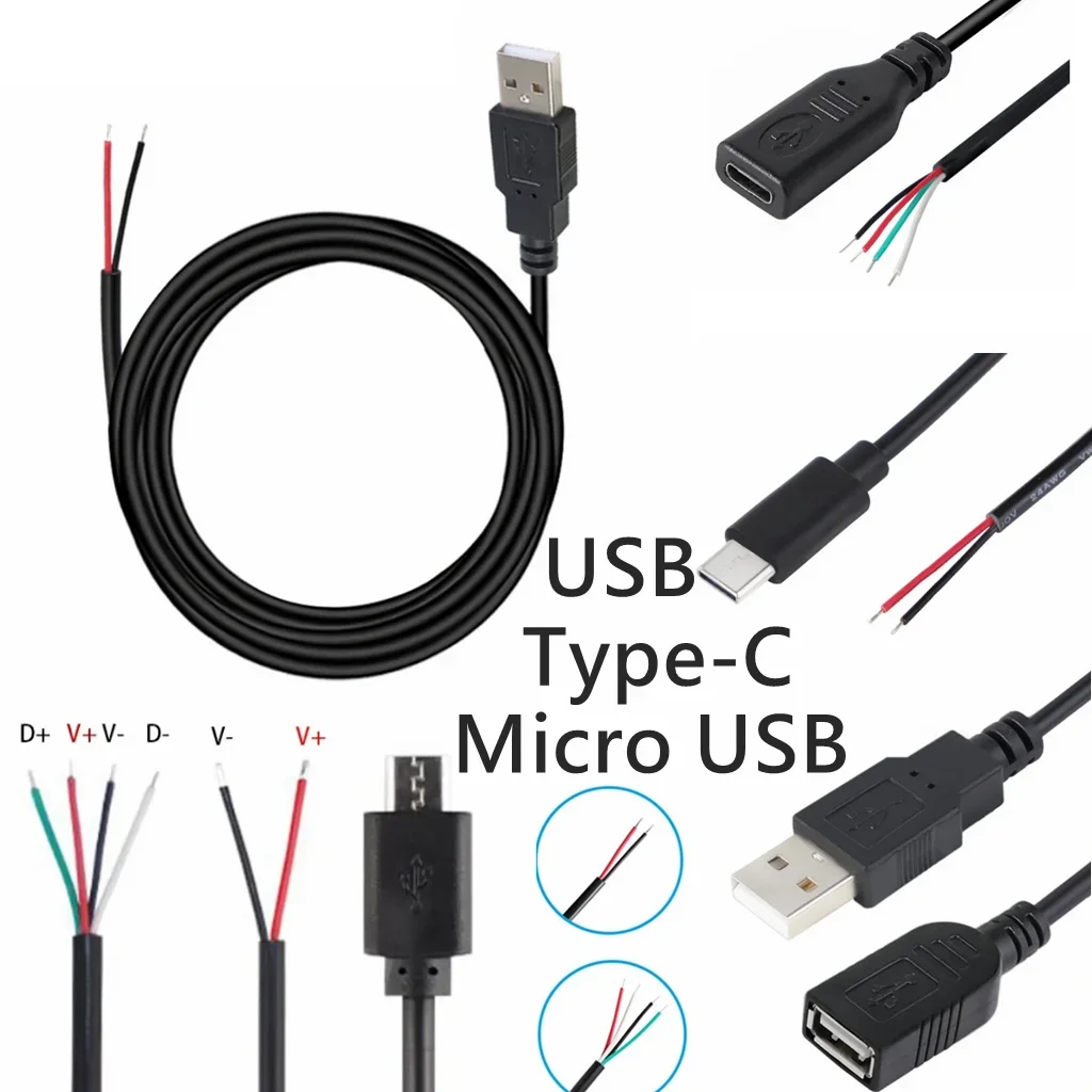 Micro USB A Type-C Wire Female Male Jack Power Supply Extension Cable 4 Pin 2 Pin 4 Wires DIY Data Line Charging Cord 0.25m-2m