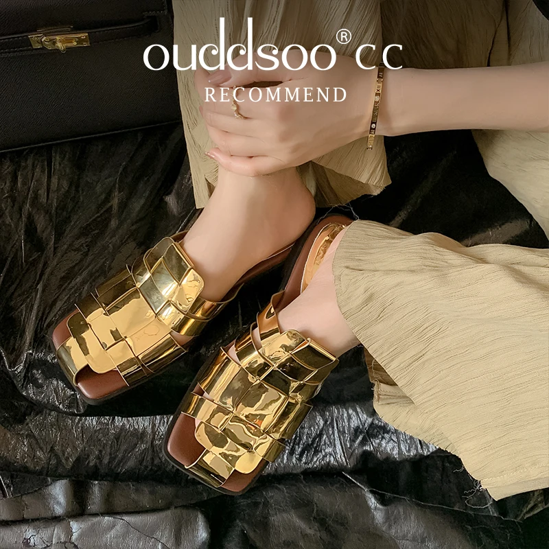 

Ods Expose The Heel Fashion Sexy Gold Real Genuine Leather Summer Women Flip Flops Fashion Low Heel Beach Shoes Women Slippers40