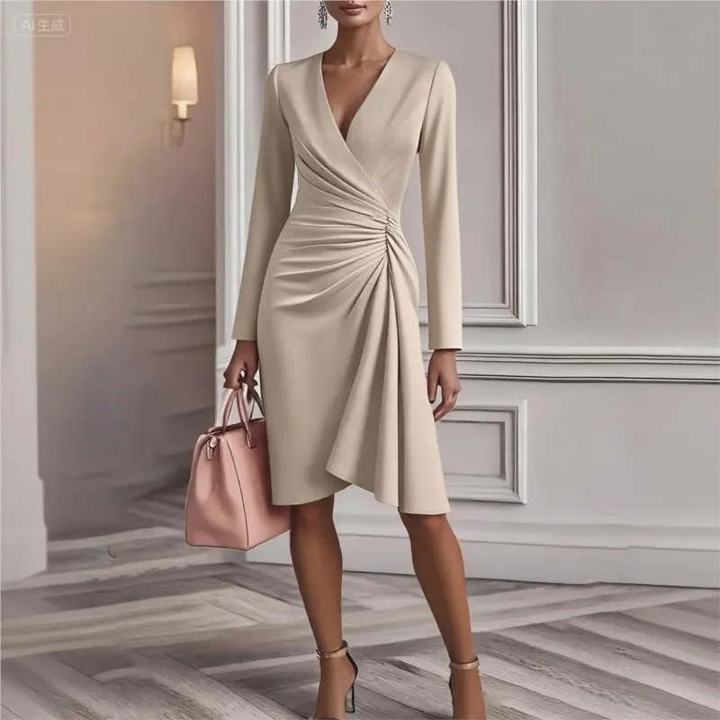 

Temperament Fashion Women Mid-length Dress 2025 Long Sleeve V-Neck Pleated splicing Solid color Chic Party Office Ladies Dress