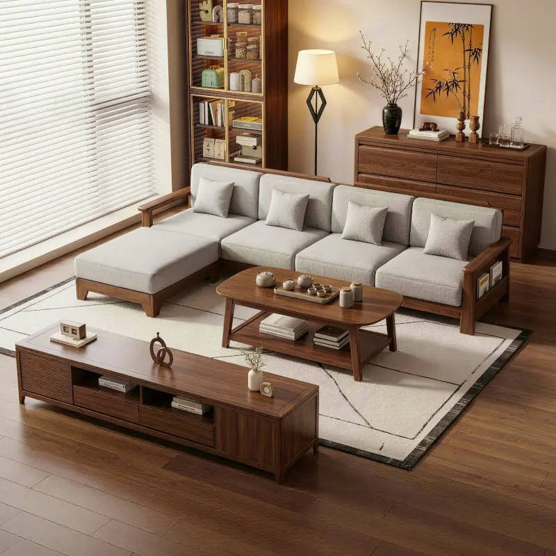 Song-style aesthetic solid wood sofa winter and summer dual-purpose small apartment high box storage black walnut living room