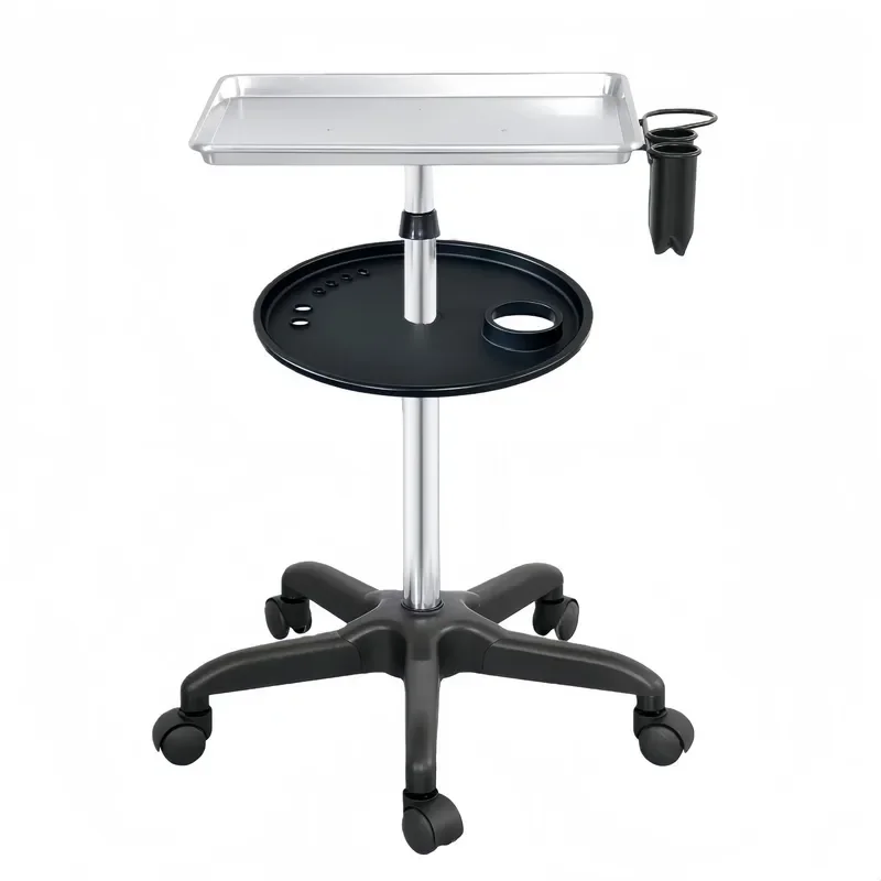 Adjustable Mobile Hair Salon Cart with Double Tray Storage Rack for Barber Shop Home Beauty Tool Organizer Trolley