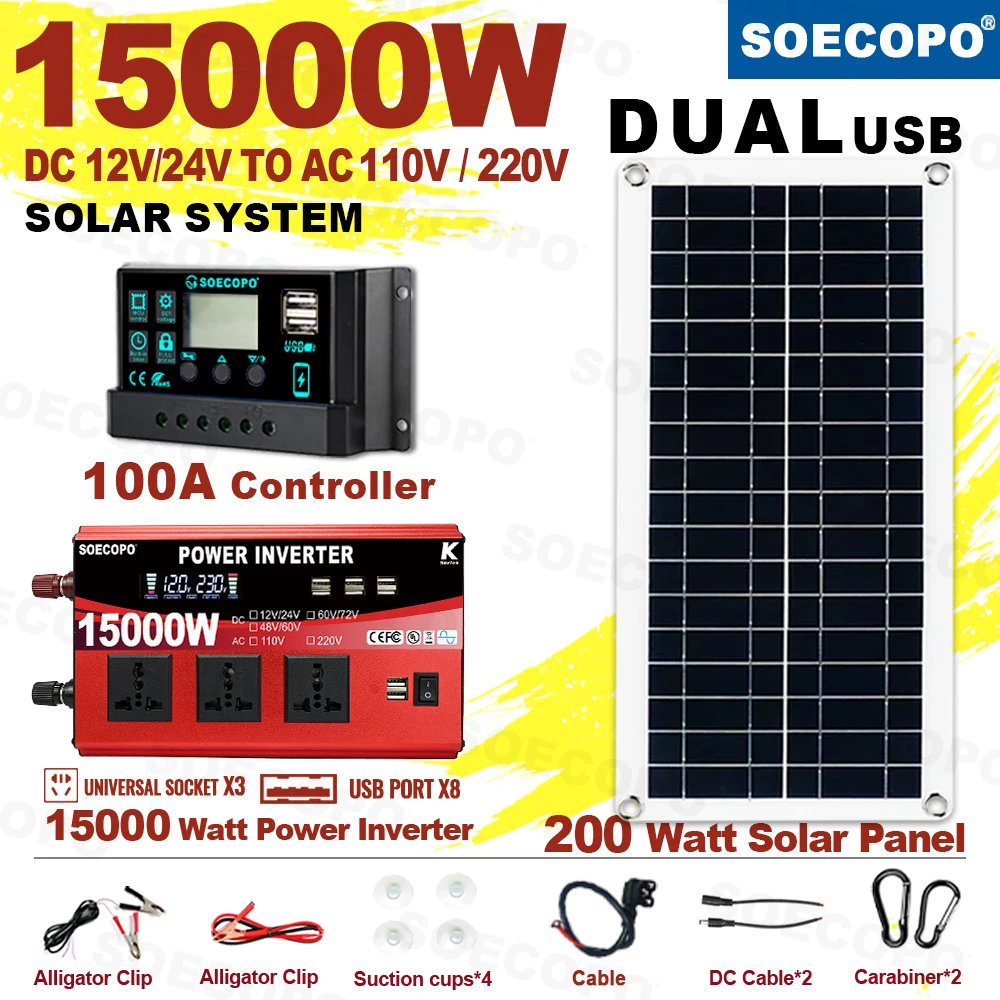 

SOECOPO 15000W Portable Solar System Kit: 200W Panel 100A Controller Home CampingInverter(3 Sockets 8 USB Ports)12V/24V 110V220V