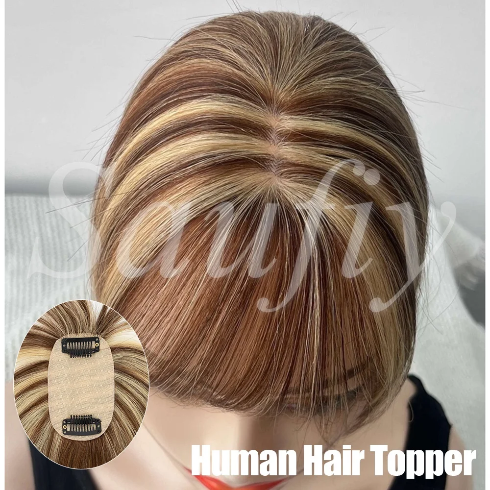Short Balayge Brown Human Hair Toppers for Women Real Human Hair Pieces 5x9cm Seamless Invisible Clip in Human Hair Toppers for Thinning Hair to Add Volume Natural Black Brown Blonde Straight Hair Topper Human Hairpieces to Add Volume