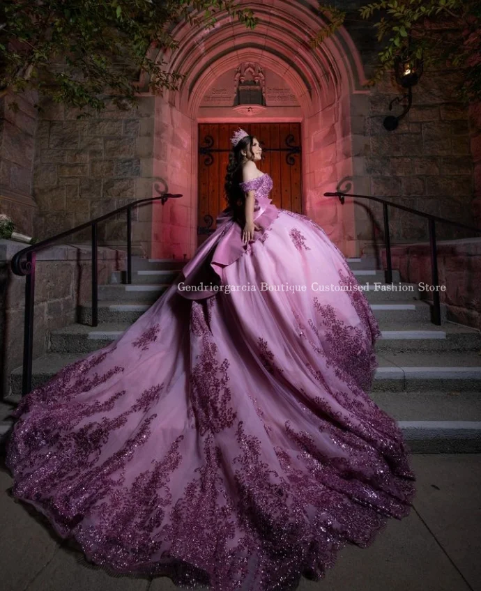 Rosa rosa princesa lindo quinceanera vestidos catedral trem elegante um ombro diamante frisado apliques méxico personalizado