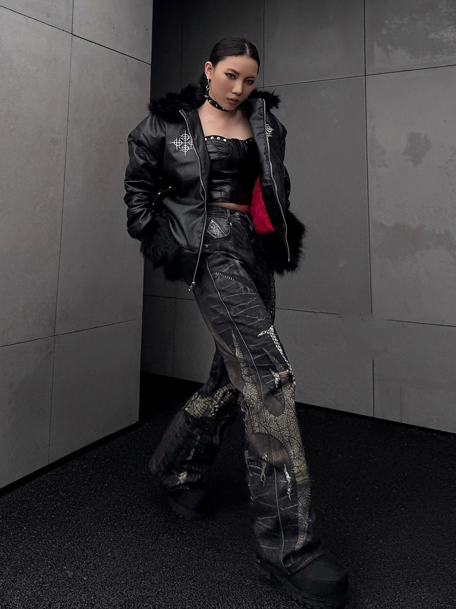 REDDACHiC Snake Textured Black Jeans Women Trousers Y2k Digital Print Cross High Waist Straight Wide Leg Pants Grunge Streetwear