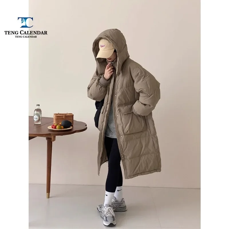 New Threaded Sleeve Down Jacket, Korean Medium To Long Loose Hooded Thick White Duck Down Coat, Women's Winter Edition