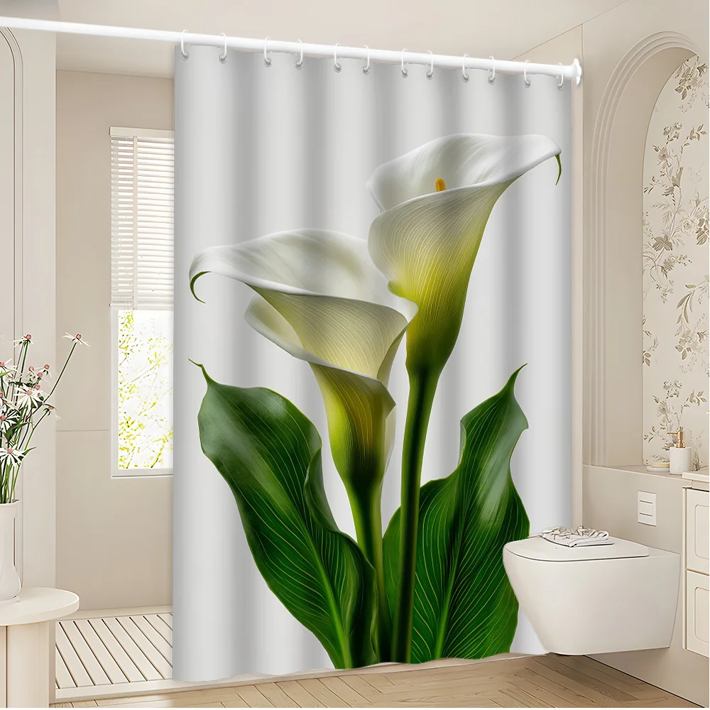 Calla Lily Shower Curtain with Hooks  Realistic White Green Flowers Light Gray Background Machine Washable Polyester