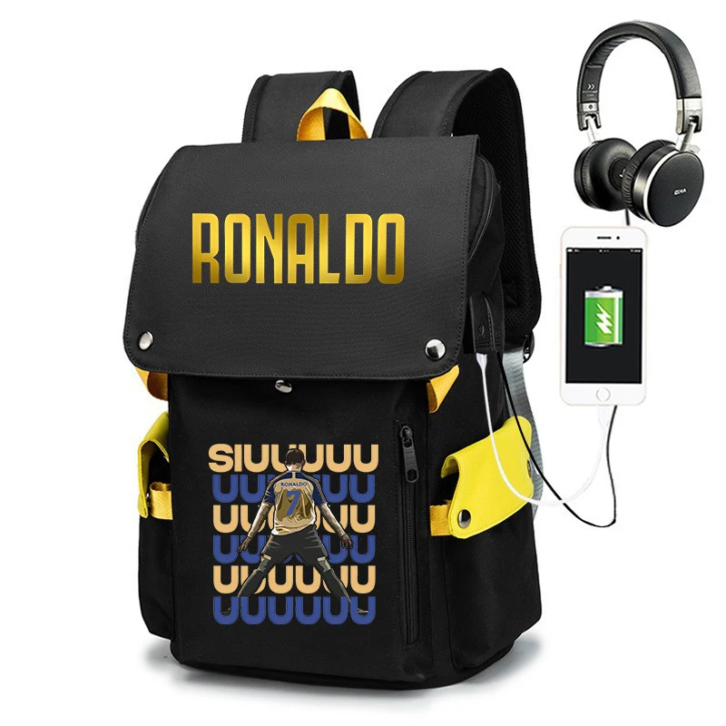 Ronaldo print primary and secondary school student backpack youth backpack outdoor leisure travel bag USB style