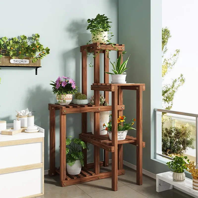 Multi Tier Wooden Flower Stand Indoor Balcony Plant Shelf Pastoral Hanging Orchid Pot Rack Living Room Storage Display Unit