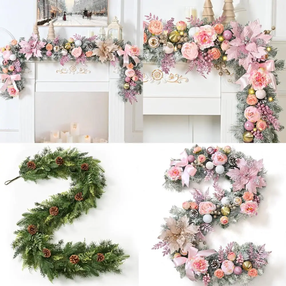 

6 Feet Pink Rose Gold Flocked Christmas Garland with LED Lights, Decorative Floral Berries, Perfect for Holiday Season