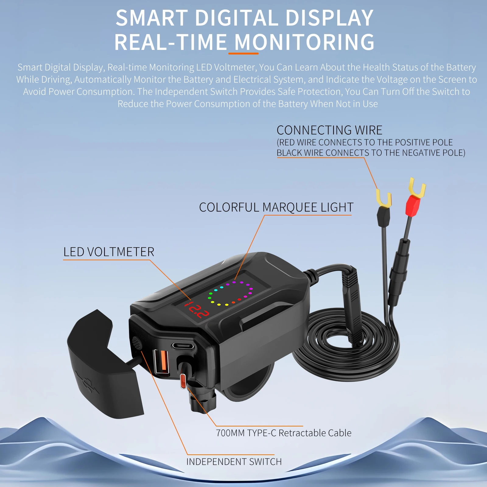 New PD QC4.0 Motorcycle USB Super Fast Phone Charger Waterproof with Retractable Type-C Cable Cellphone Voltmeter Digital Charge view 4
